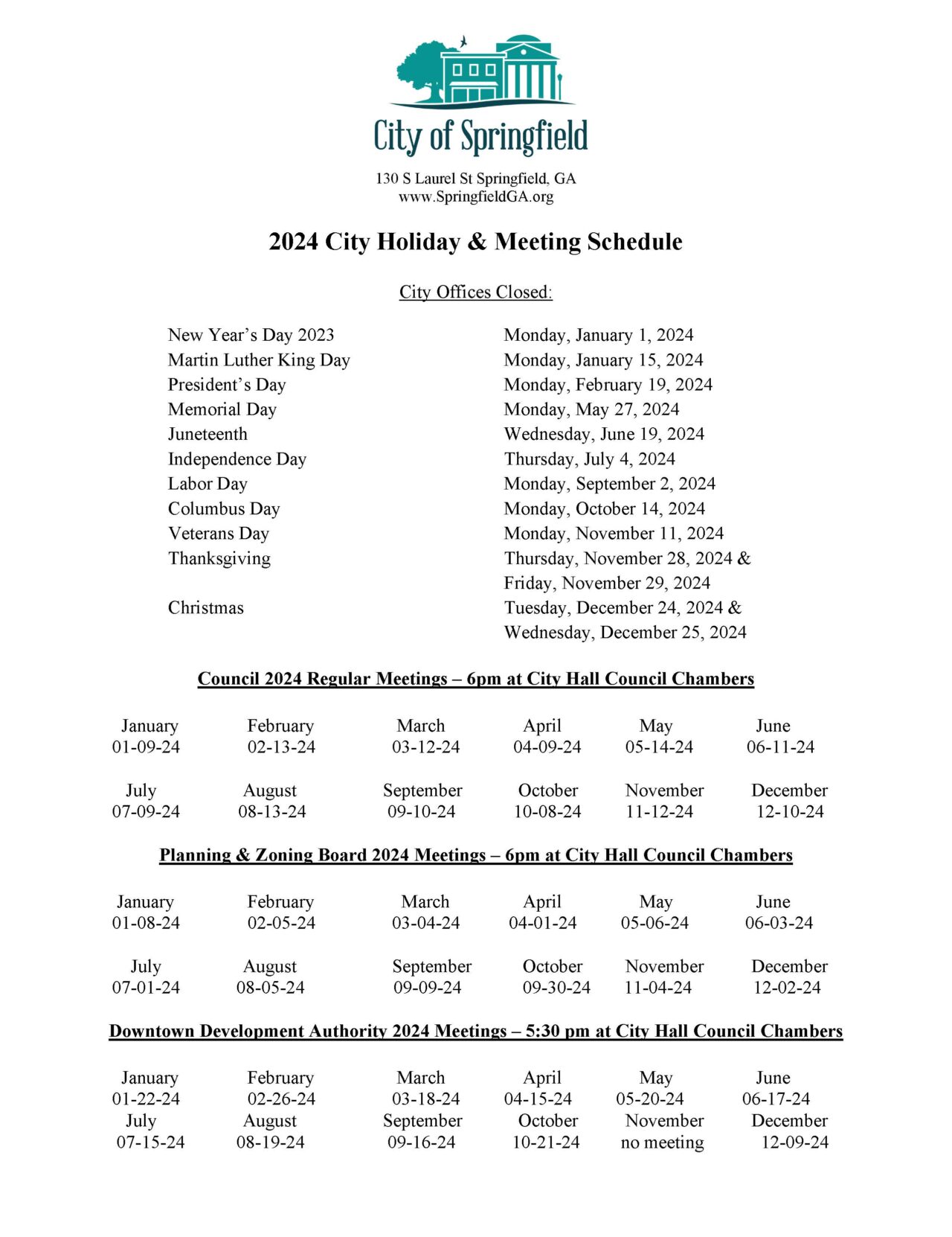 City of Springfield 2024 Holiday & Meeting Calendar The City of